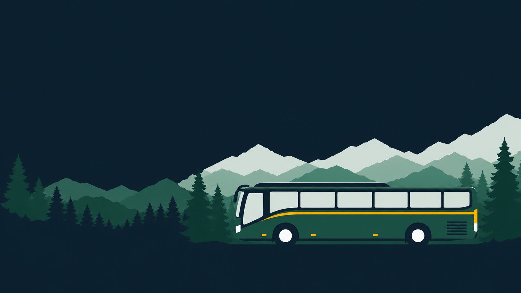 Illustration d’un autocar vert devant des crêtes et des pins