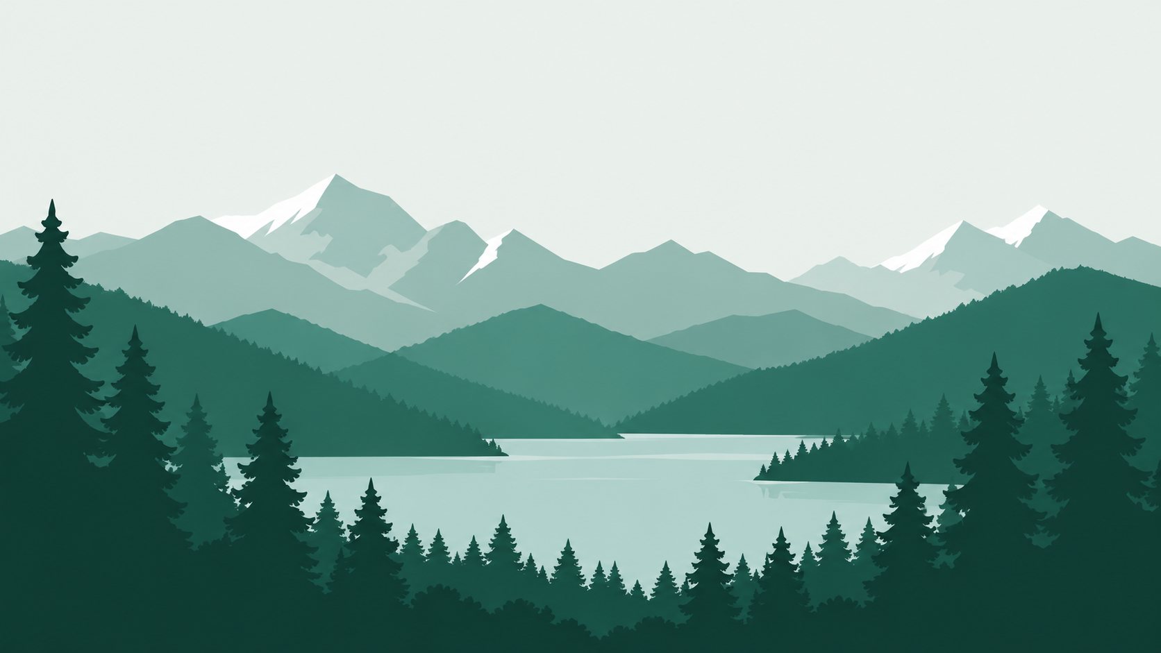 Illustration de crêtes de montagne, d’un lac et de pins
