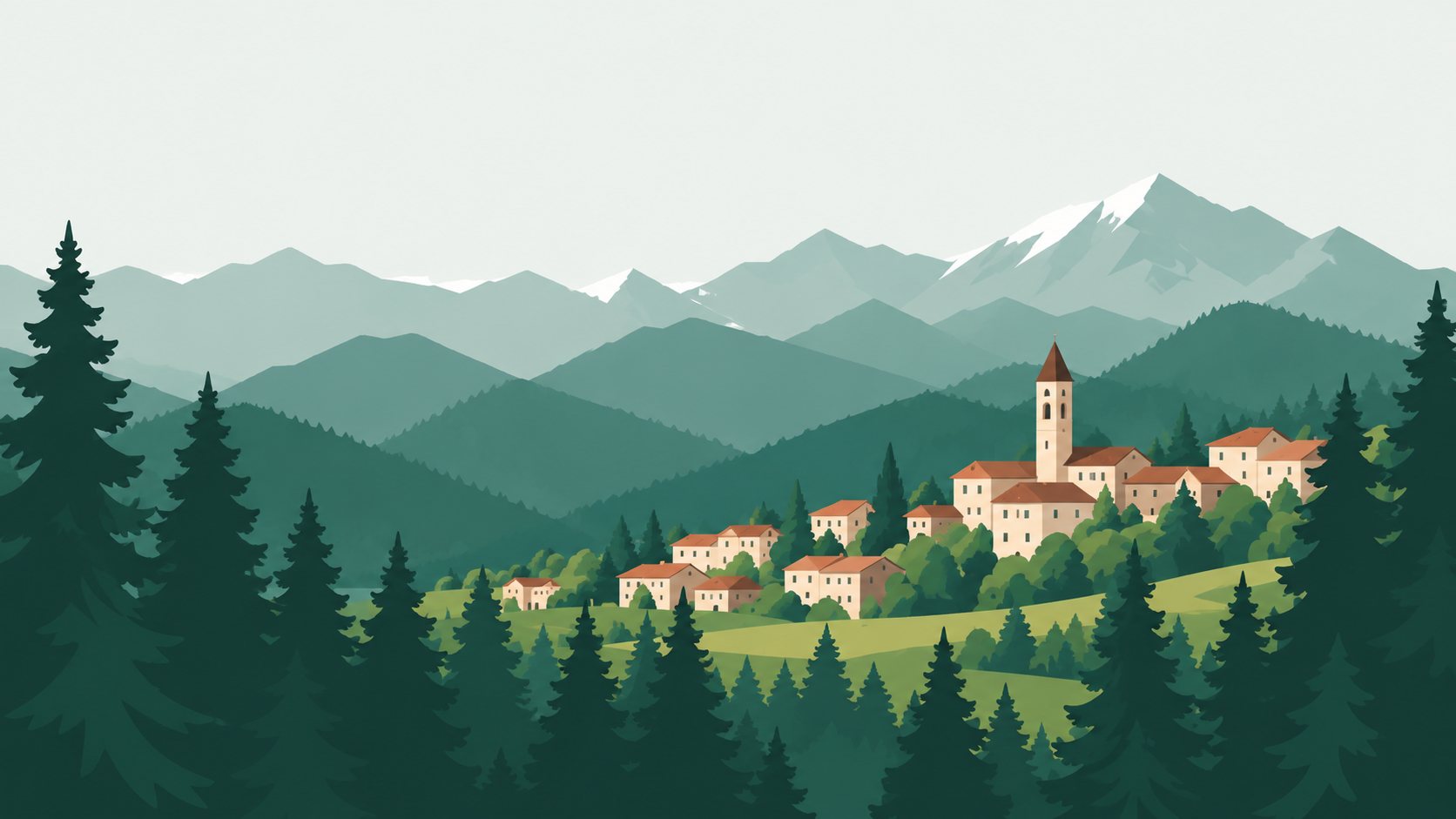 Illustration d’un village de montagne et de son clocher entre collines et pins